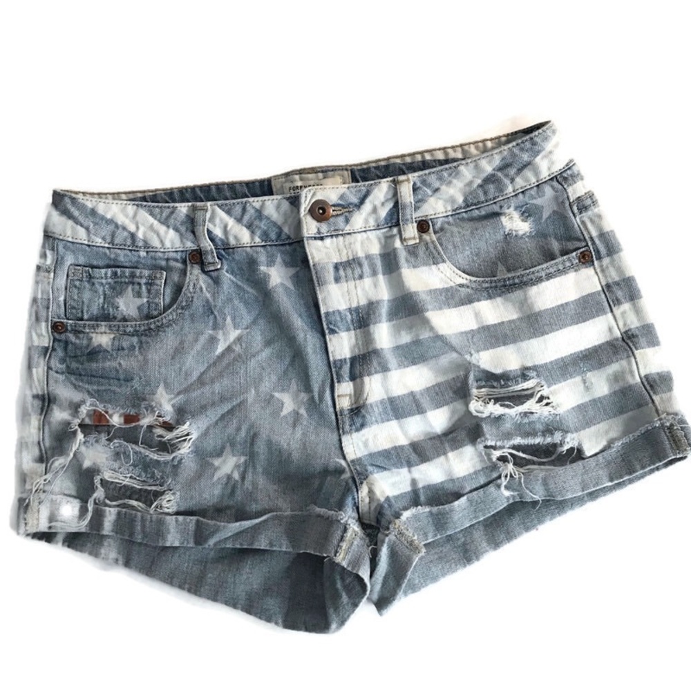 Forever‎ 21 Womens Denim Shorts 8 29 Festival Cut Off Stars Stripe Distressed